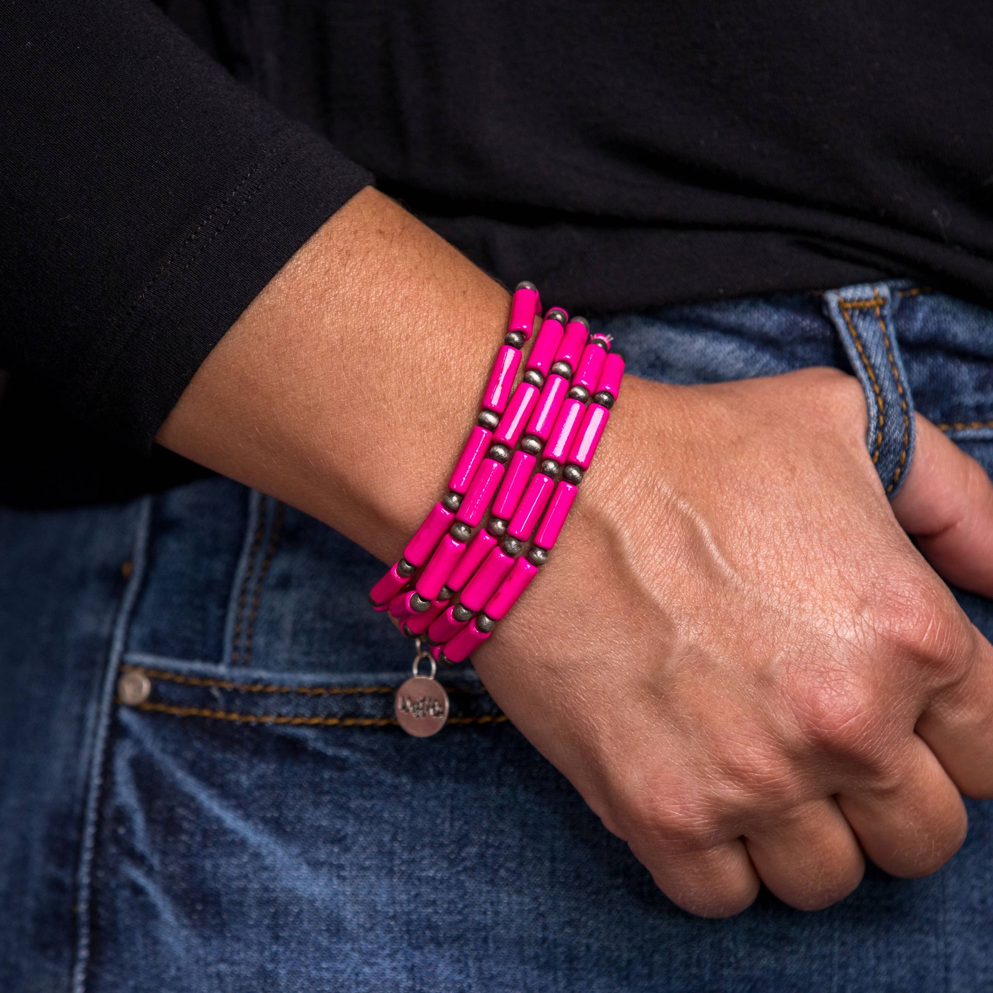 5 Strand Pink Tube Bead and Faux Navajo Pearl Stretch Bracel