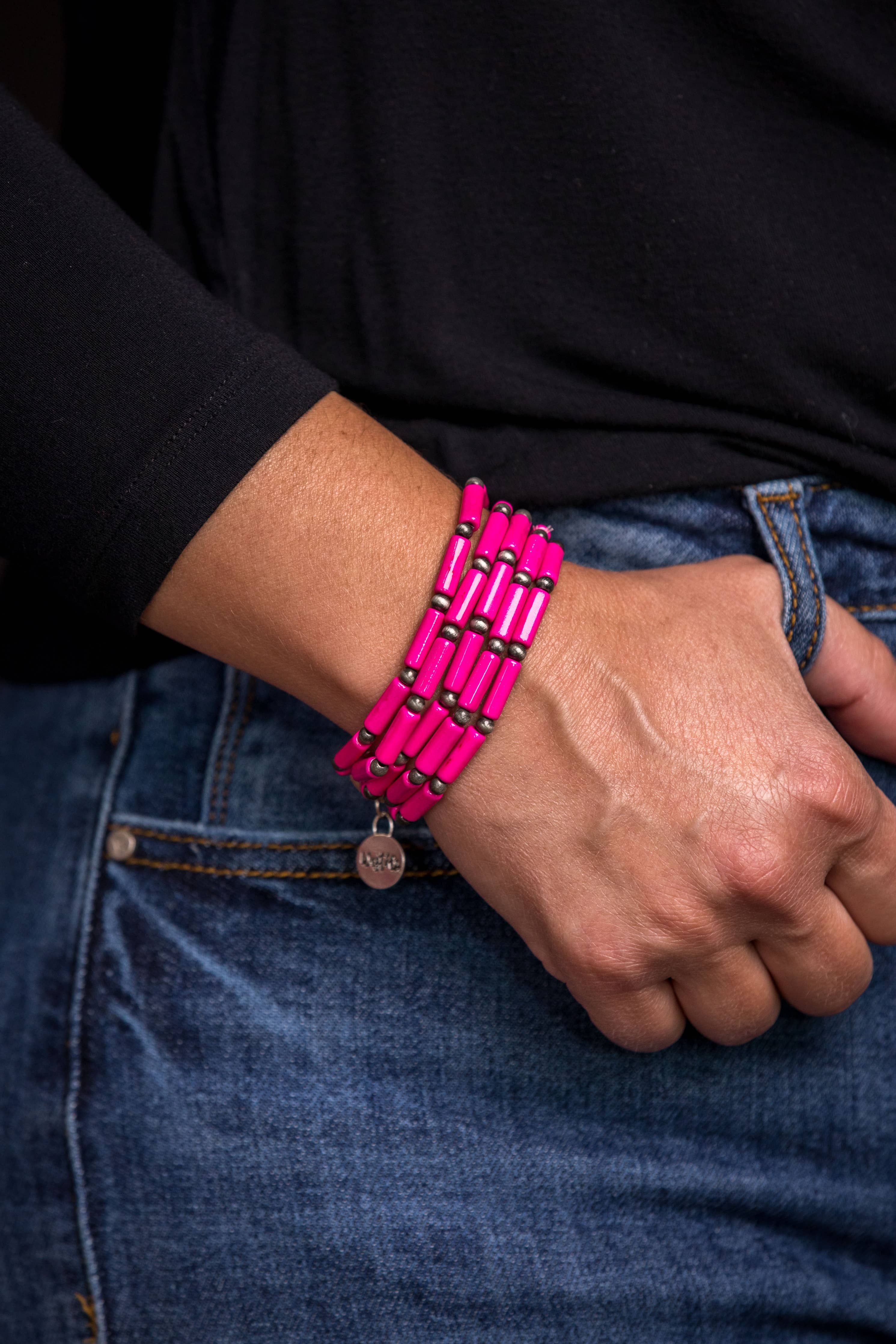 5 Strand Pink Tube Bead and Faux Navajo Pearl Stretch Bracel