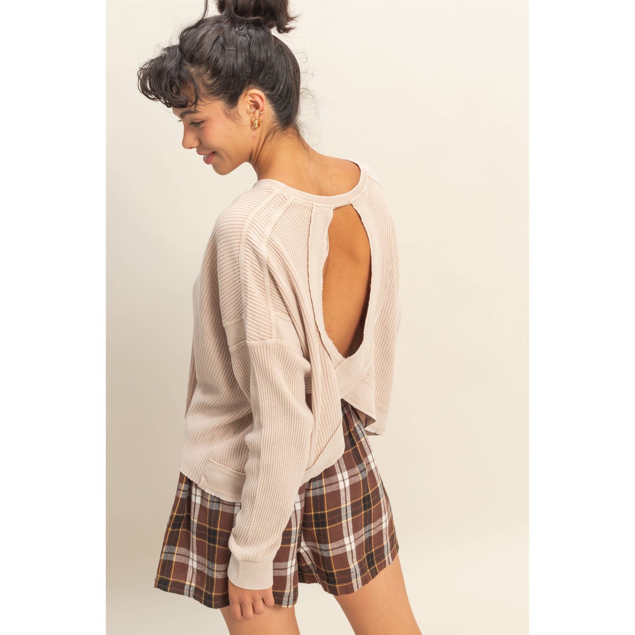 Chic Open Back Textured Knit Long Sleeve Top