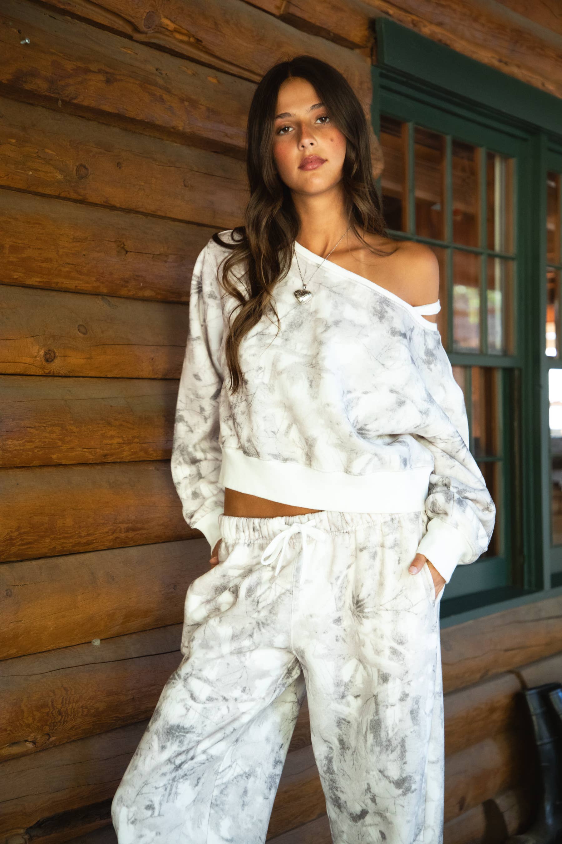 AVERY Light Woodland Camo Off The Shoulder Fleece Sweatshirt