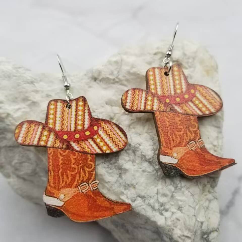 Wood Cowgirl Hat Boot Earrings