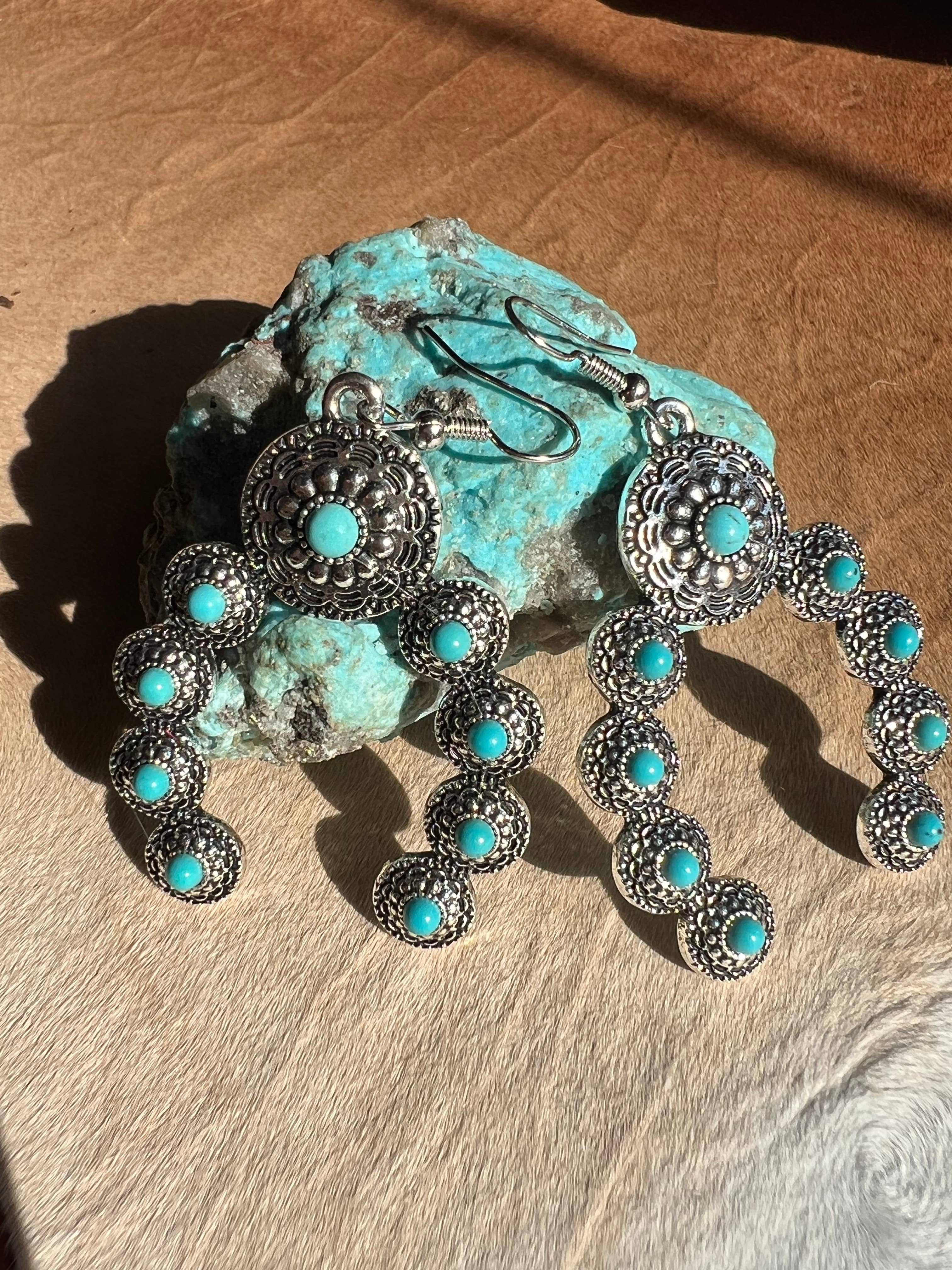 Squash Blossom Naja Western Faux Turquoise Earrings