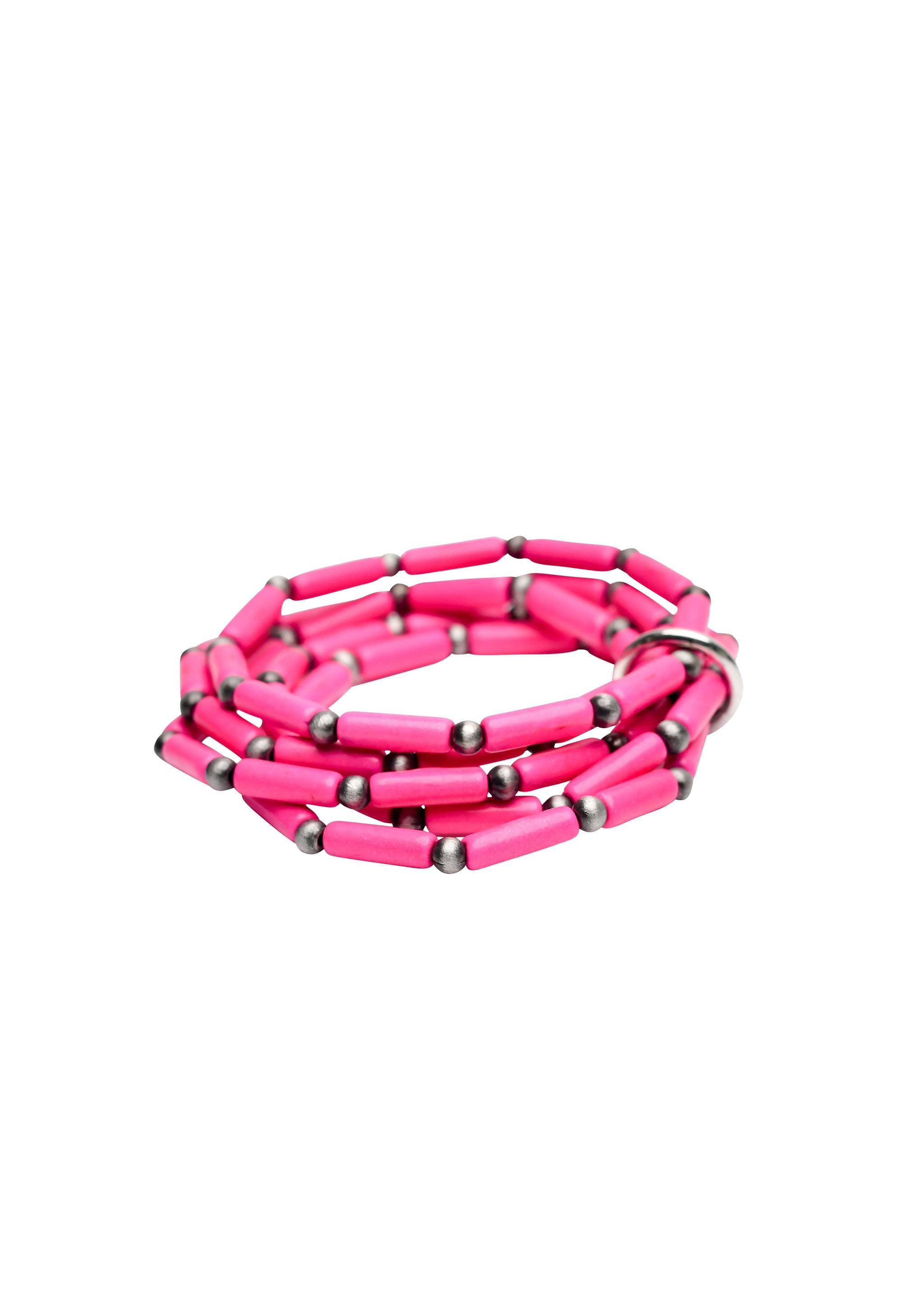 5 Strand Pink Tube Bead and Faux Navajo Pearl Stretch Bracel