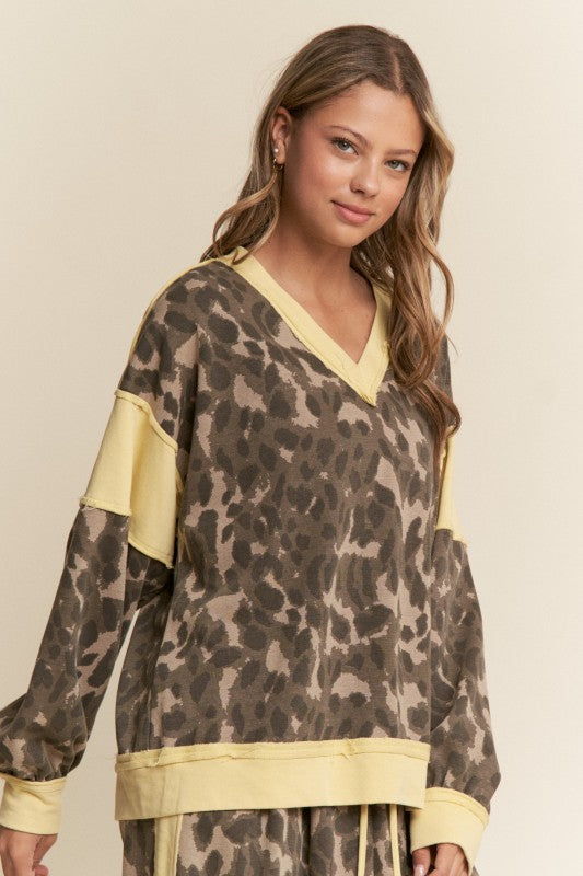 Leopard Print V Neck Patchwork Sweater Top