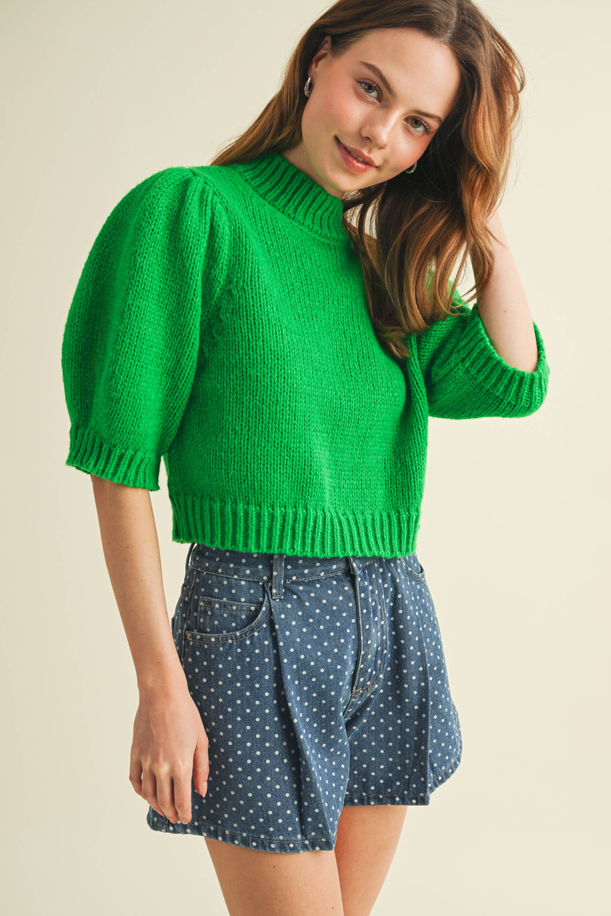 PUFF SHOULDER SHORT SLEEVE SWEATER