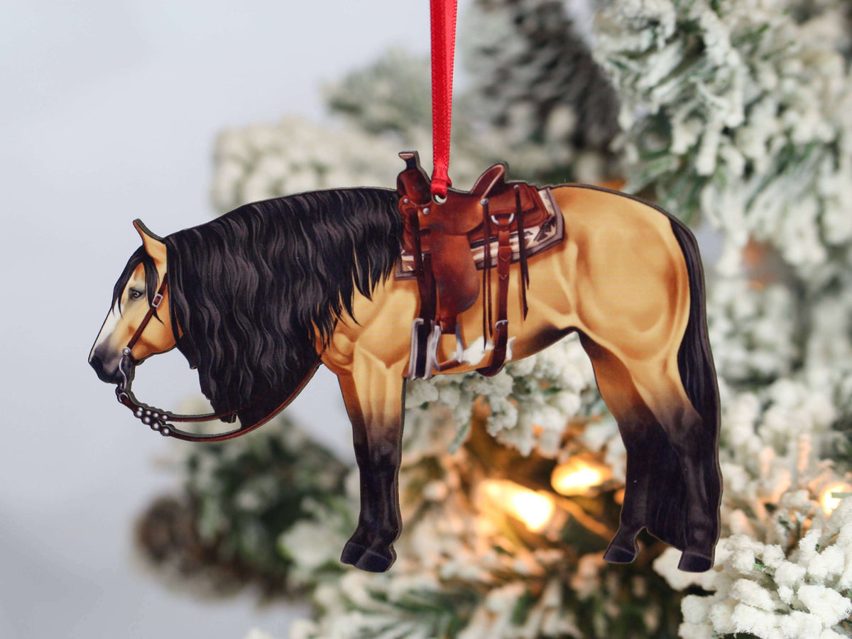 Paint horse Buckskin Western horse ornament for Christmas, detailed equine ornament by Classy Equine featuring a realistic paint horse design.