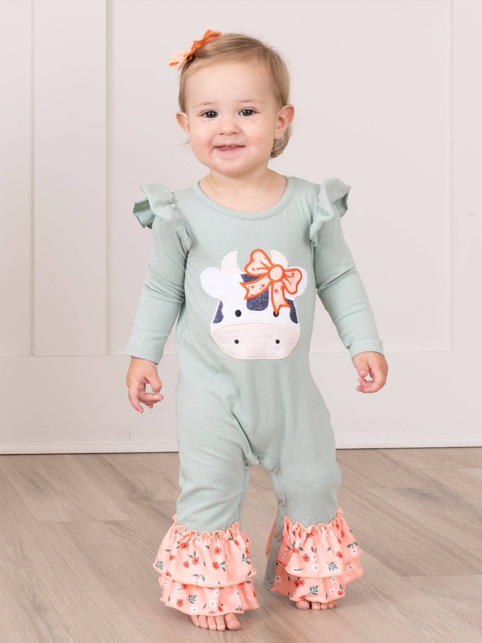 Mint & Coral Embroidered Cow Floral Ruffle Romper