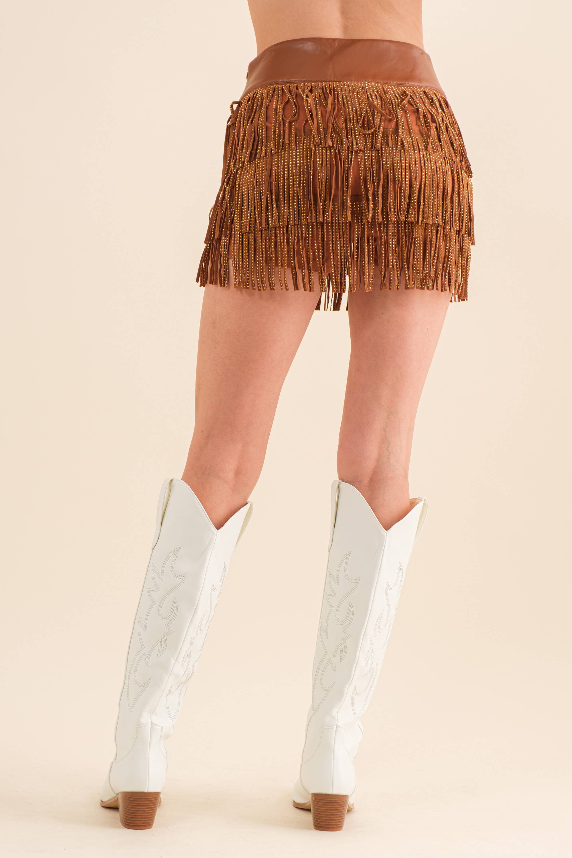 Wide Faux Leather Waist Tiered Fringe Studded Short