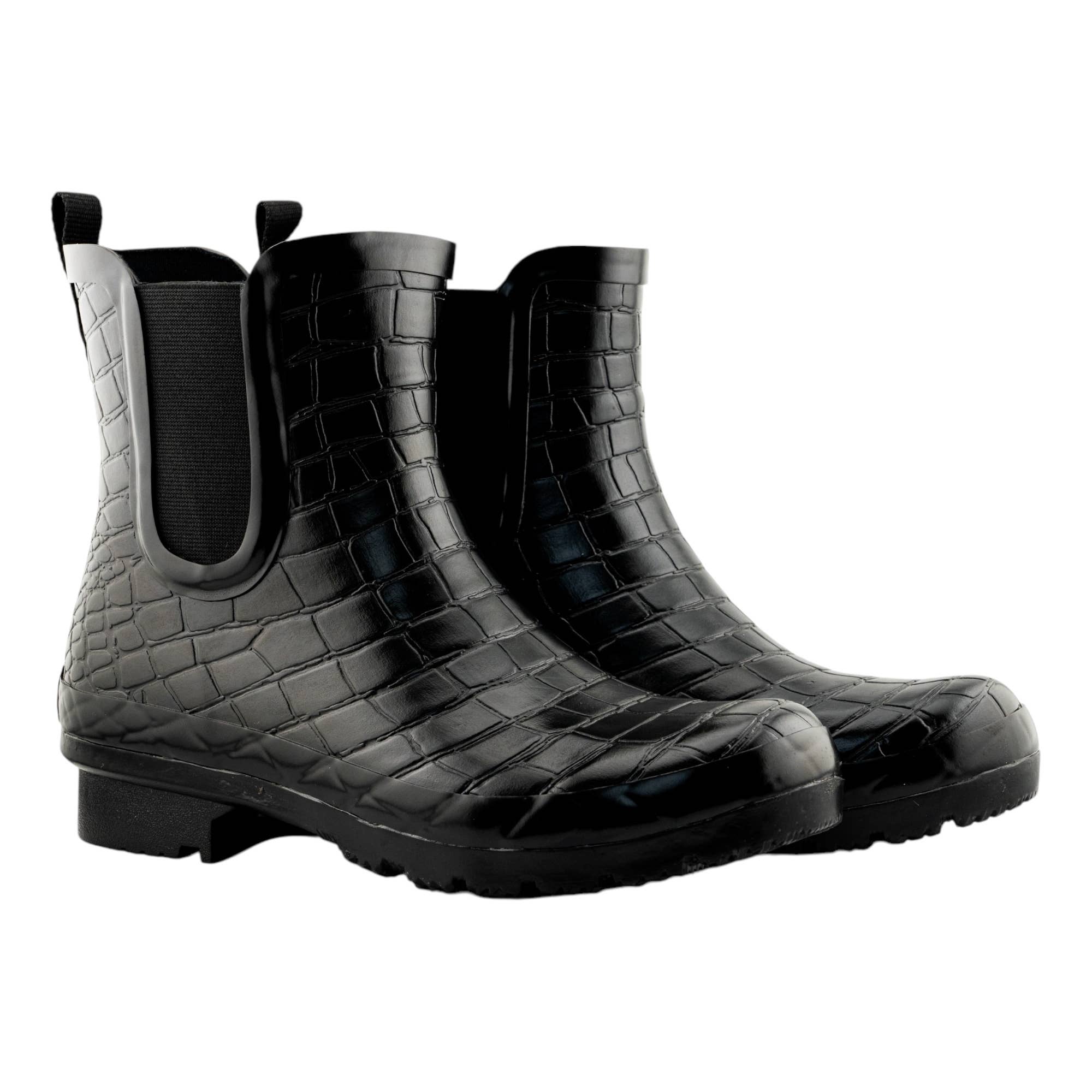 CHELSEA BLACK CROC EMBOSS WOMEN'S ANKLE RAIN BOOTS
