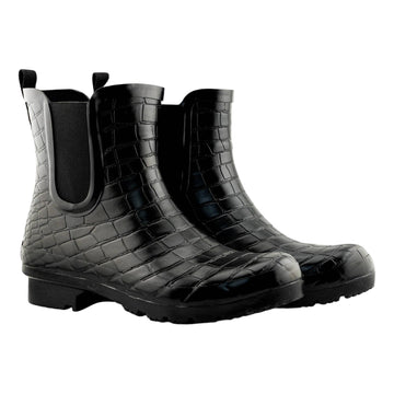 CHELSEA BLACK CROC EMBOSS WOMEN'S ANKLE RAIN BOOTS
