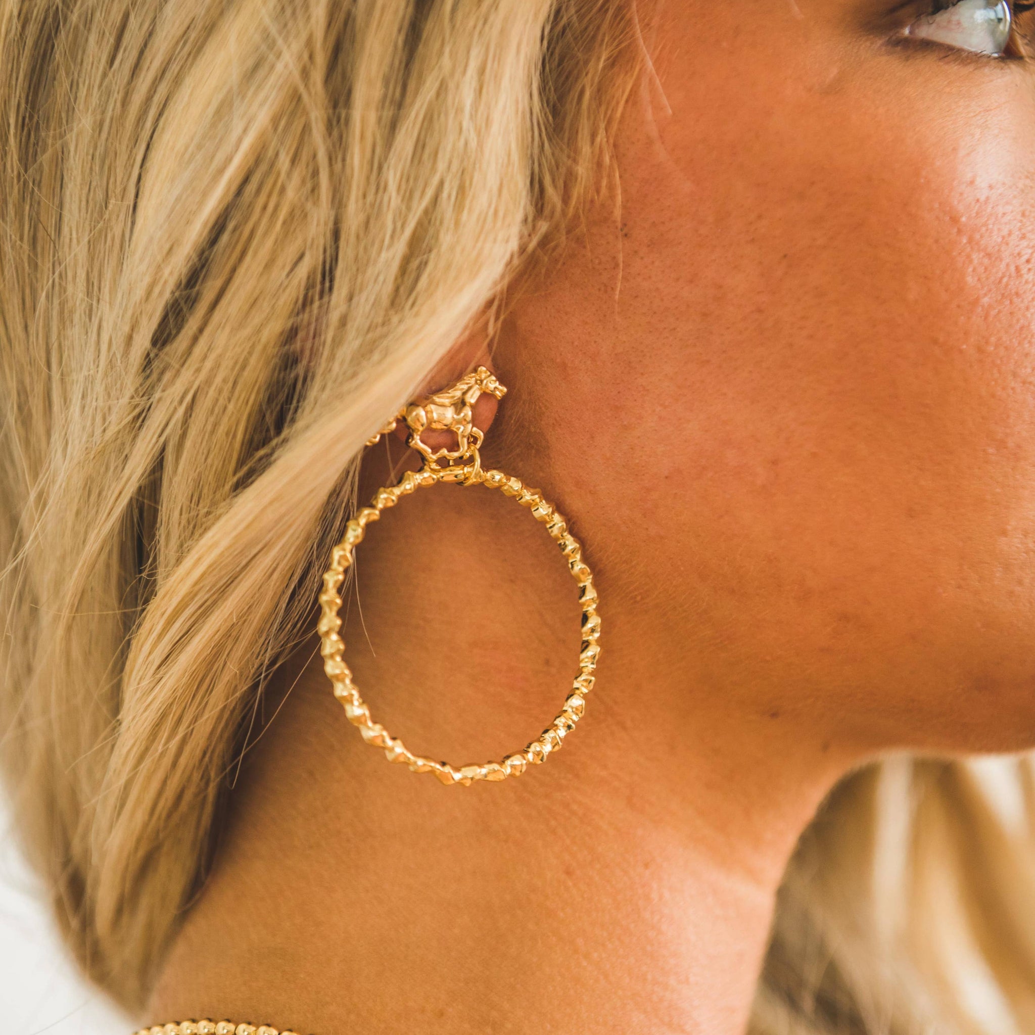 2.5" 18K Gold Plated Dangle Hoop Earrings on Buckin Horse