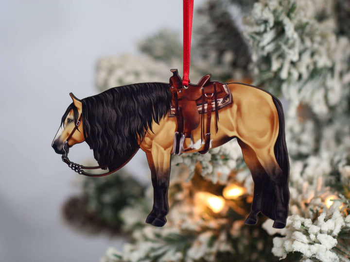 Buckskin Western Paint Horse ornament by Classy Equine, detailed horse figurine with a festive Christmas theme.