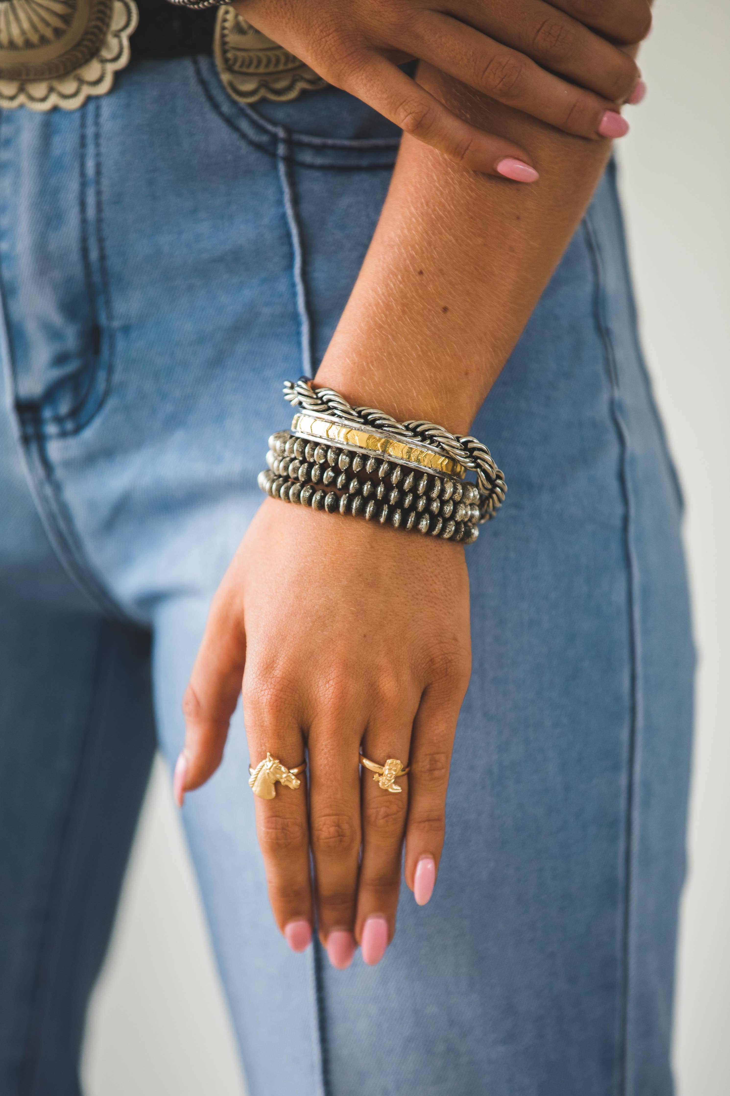 18K  Gold Plated Burnished 5 Disc Bead Stretch Bracelet