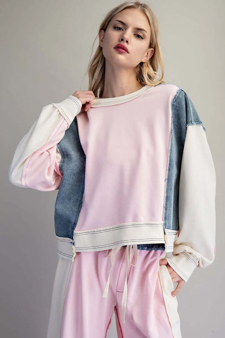 ee:some Frayed Color Block Long Sleeve Pullover - Cowgirl Charm