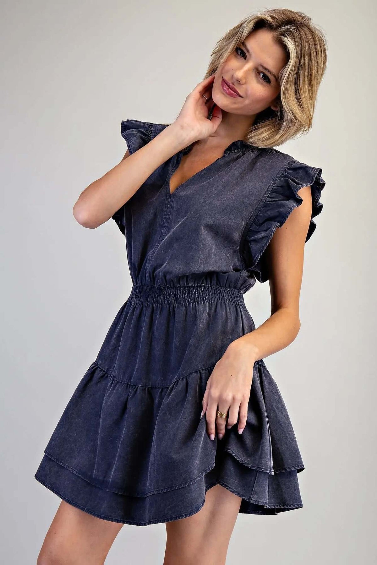 Ee:some mineral washed mini dress with smocked waist, lightweight fabric, and casual sleeveless design perfect for warm weather.