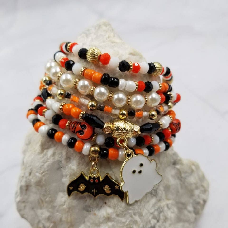 Halloween Ghosts and Bats Bead Bracelet - Set Of 7