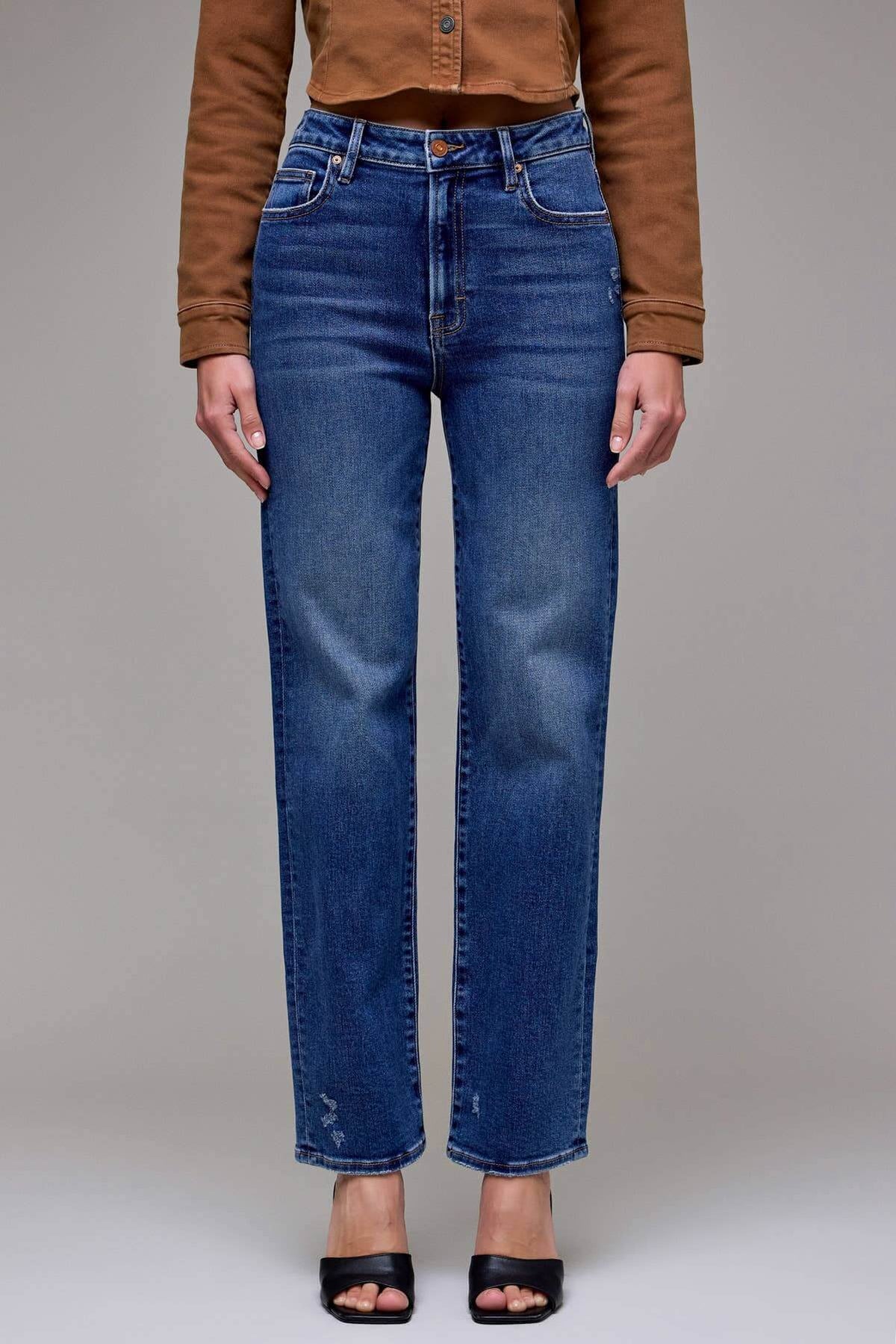 Hidden Jeans Ella Clean Stretch High Rise Classic Straight jeans displayed on a hanger, showcasing their fit and clean denim look.