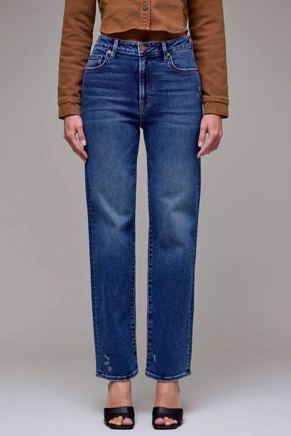 Hidden Jeans Ella Clean Stretch High Rise Classic Straight jeans displayed on a hanger, showcasing their fit and clean denim look.