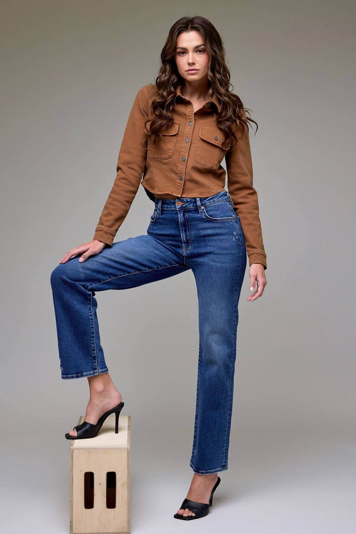 Hidden Jeans Ella Clean Stretch High Rise Classic Straight jeans displayed on a model showcasing the fit and style.