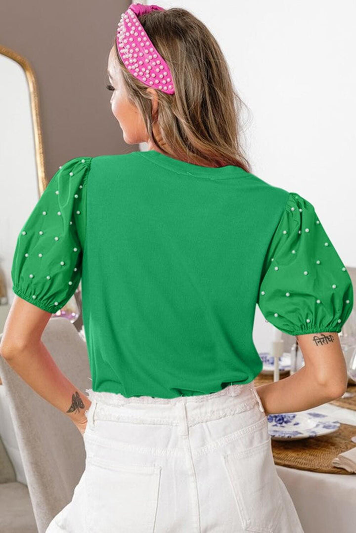 Emerald Pearl Puff Sleeve Top – Western Boutique Statement Blouse | Cowgirl Charm - Cowgirl Charm