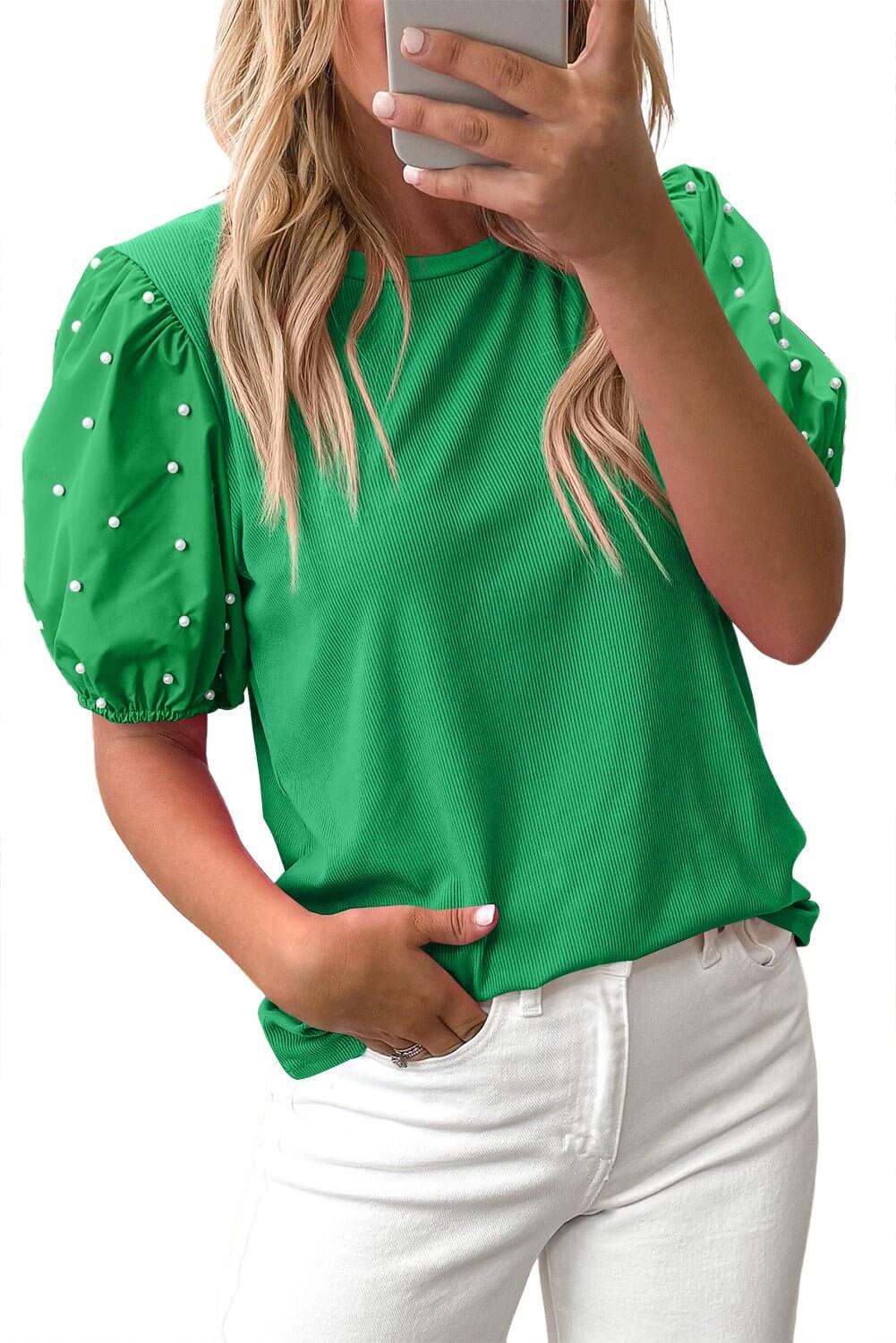 Emerald Pearl Puff Sleeve Top – Western Boutique Statement Blouse | Cowgirl Charm - Cowgirl Charm