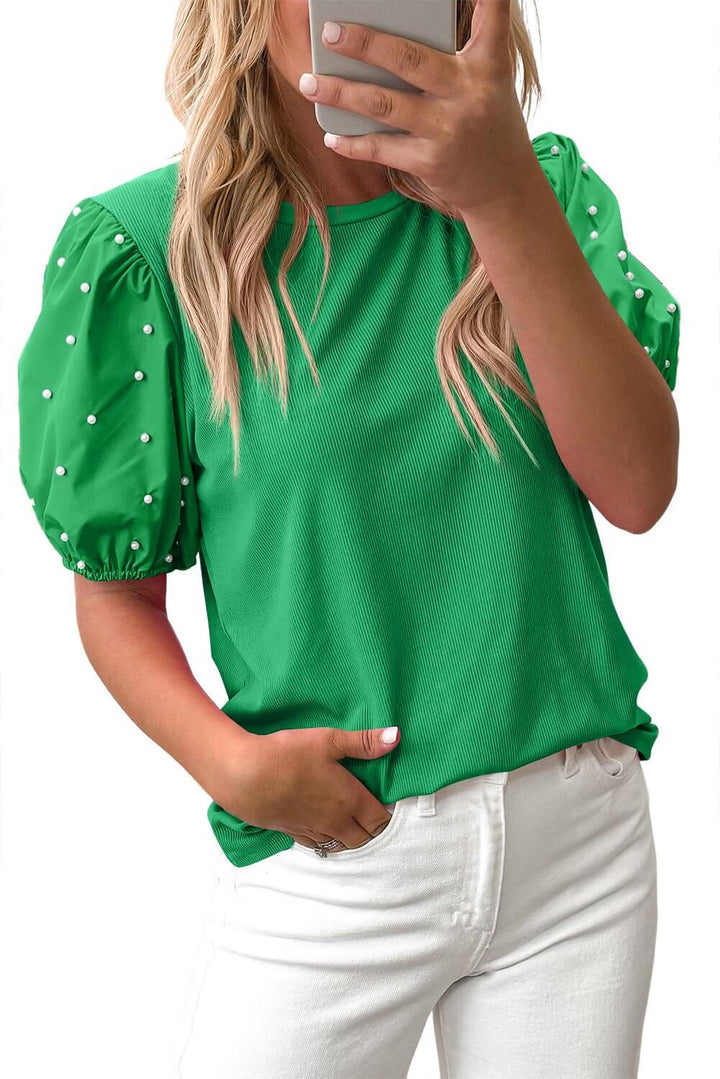 Emerald Pearl Puff Sleeve Top – Western Boutique Statement Blouse | Cowgirl Charm - Cowgirl Charm