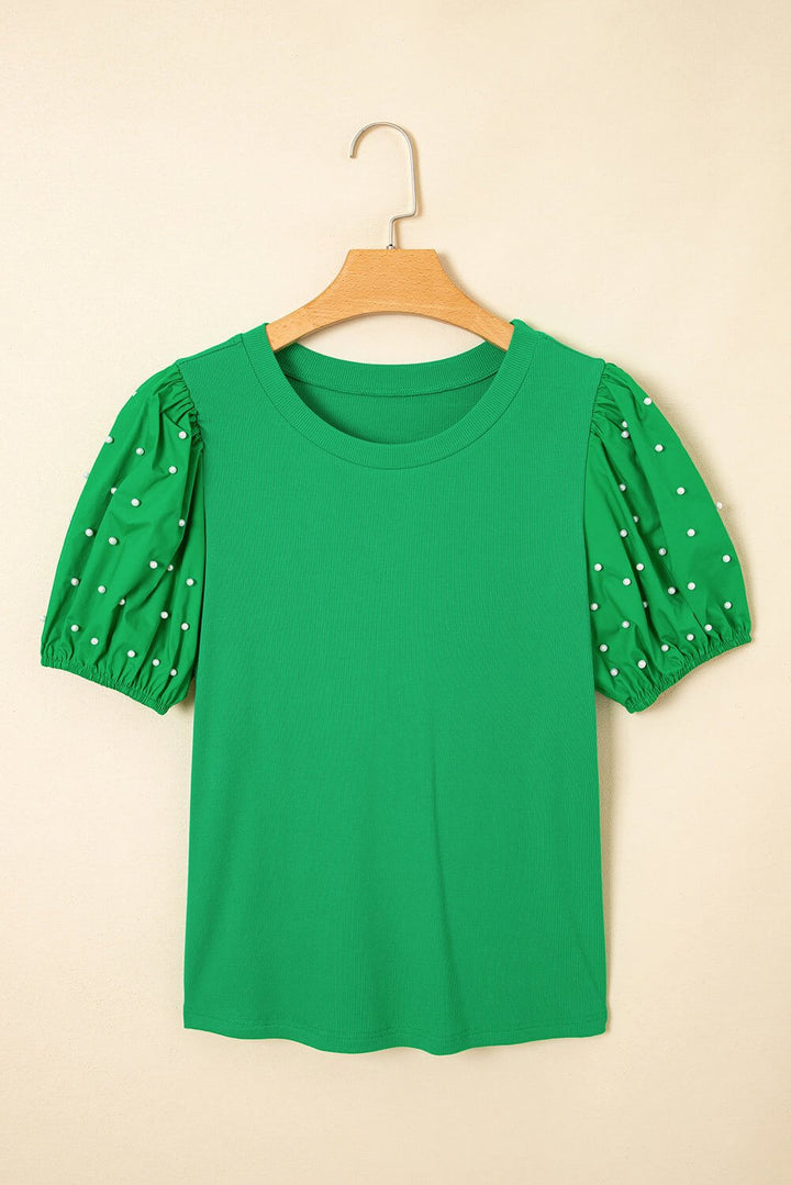 Emerald Pearl Puff Sleeve Top – Western Boutique Statement Blouse | Cowgirl Charm - Cowgirl Charm