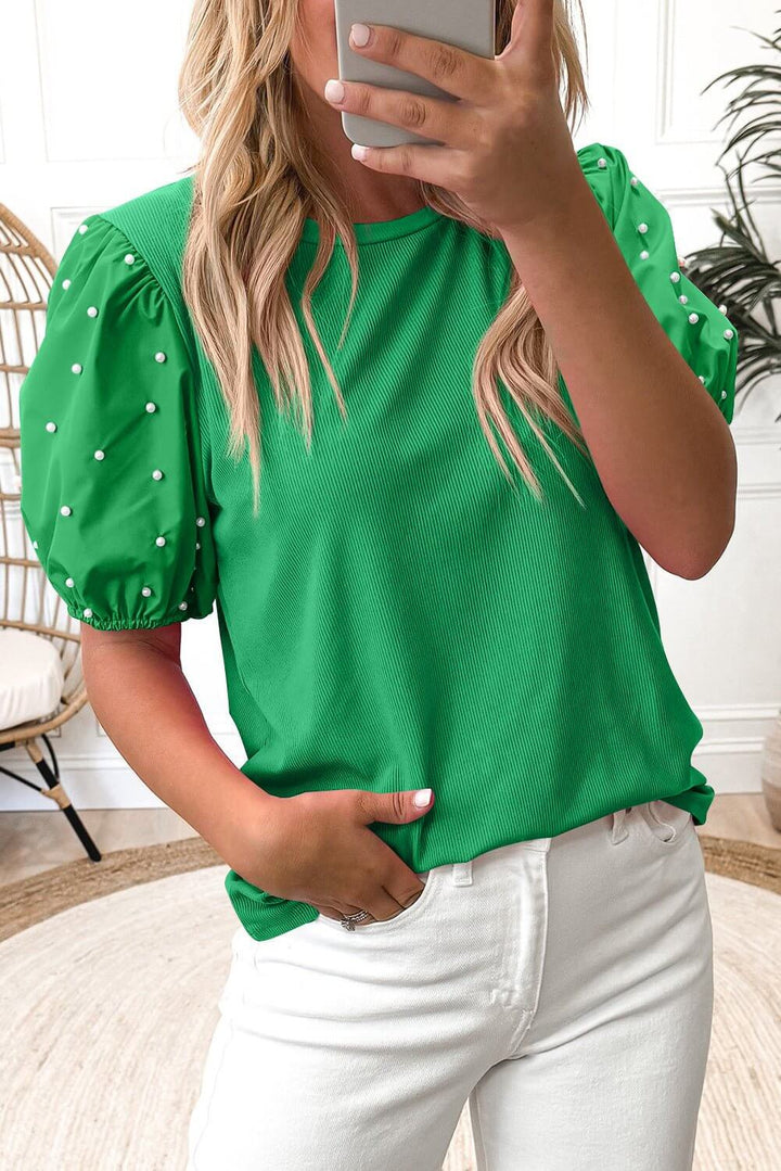 Emerald Pearl Puff Sleeve Top – Western Boutique Statement Blouse | Cowgirl Charm - Cowgirl Charm