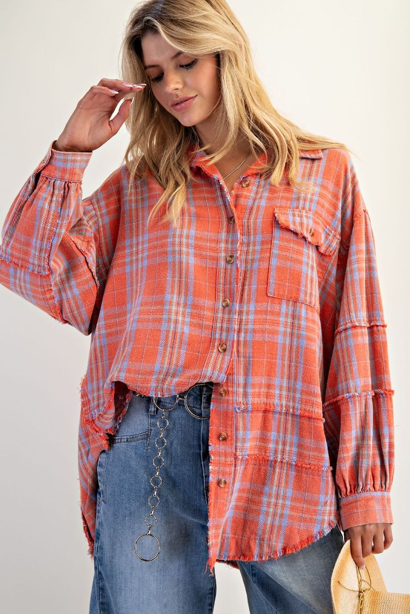 Coral Plaid Oversized Flannel Button-Up Shirt