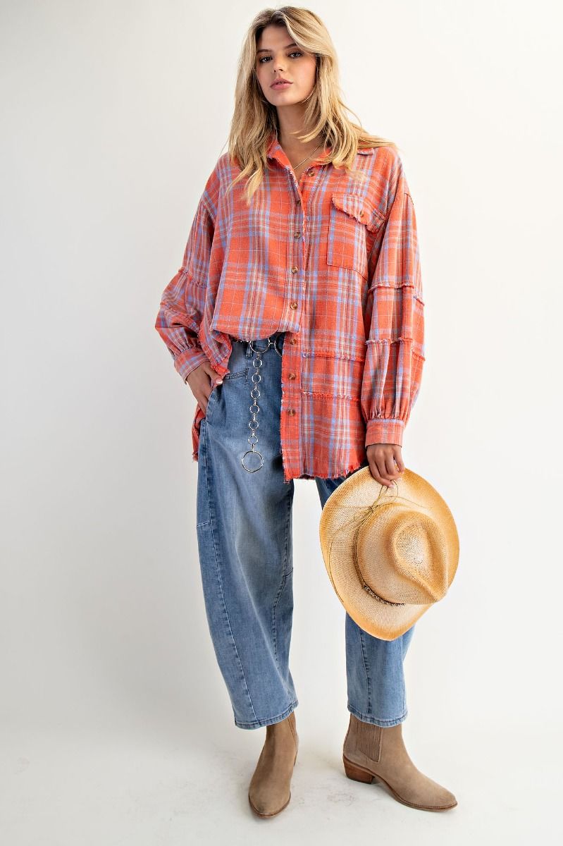 Coral Plaid Oversized Flannel Button-Up Shirt