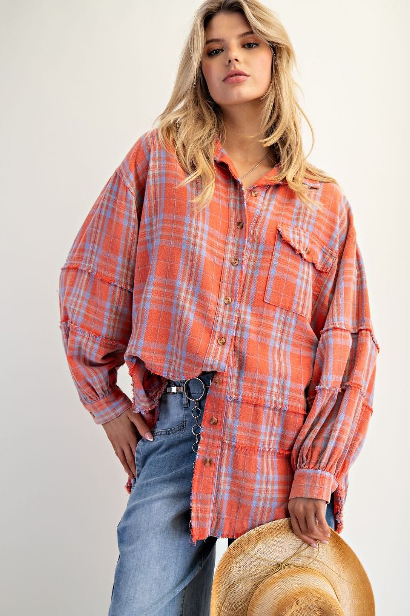 Coral Plaid Oversized Flannel Button-Up Shirt