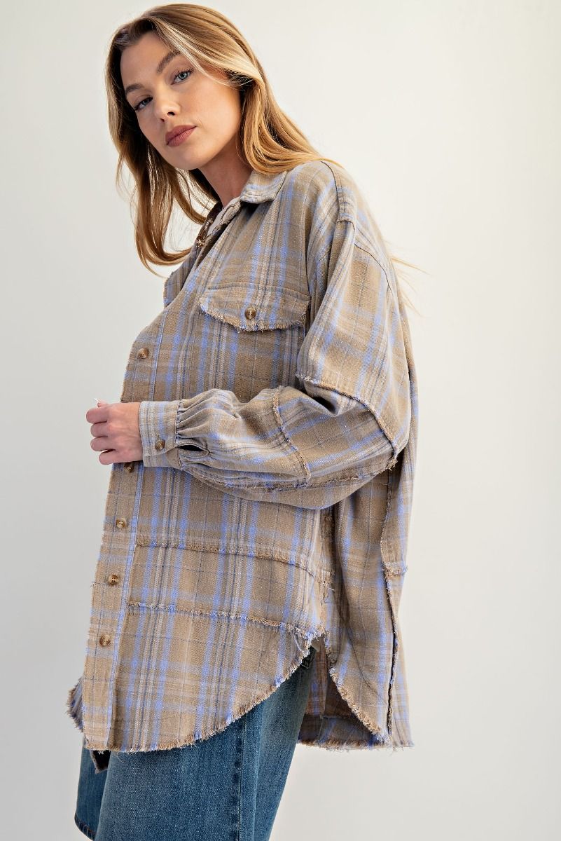 Sage Grey Plaid Oversized Flannel Button-Up Shirt