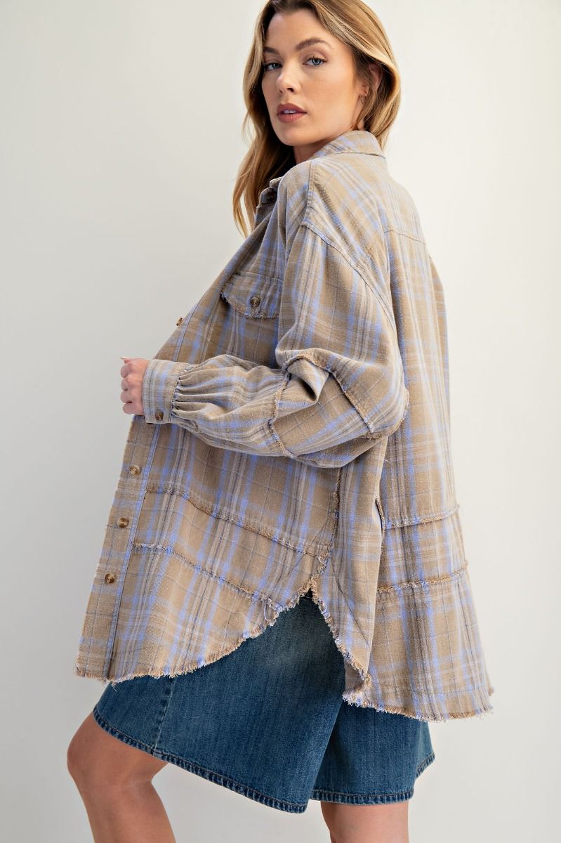 Sage Grey Plaid Oversized Flannel Button-Up Shirt