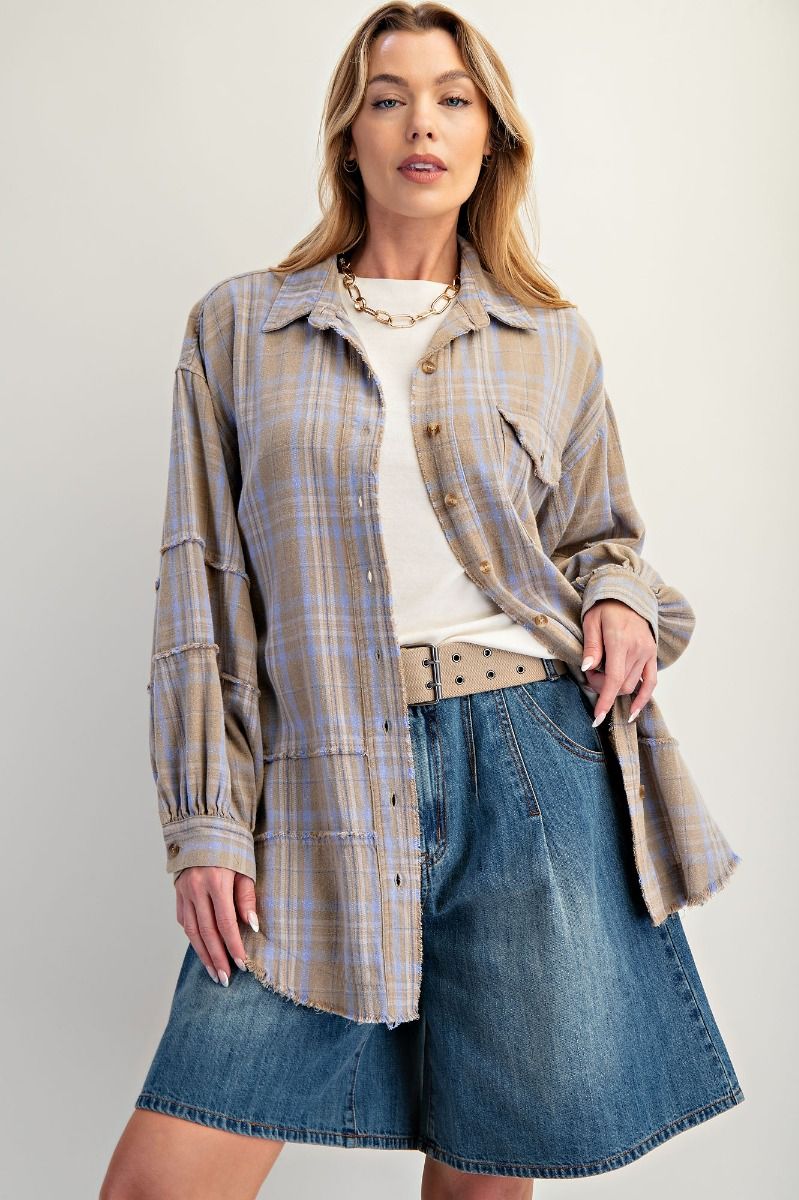 Sage Grey Plaid Oversized Flannel Button-Up Shirt