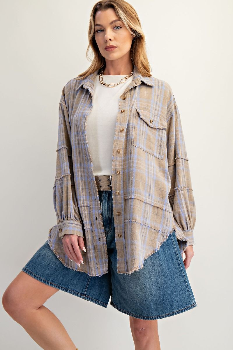 Sage Grey Plaid Oversized Flannel Button-Up Shirt