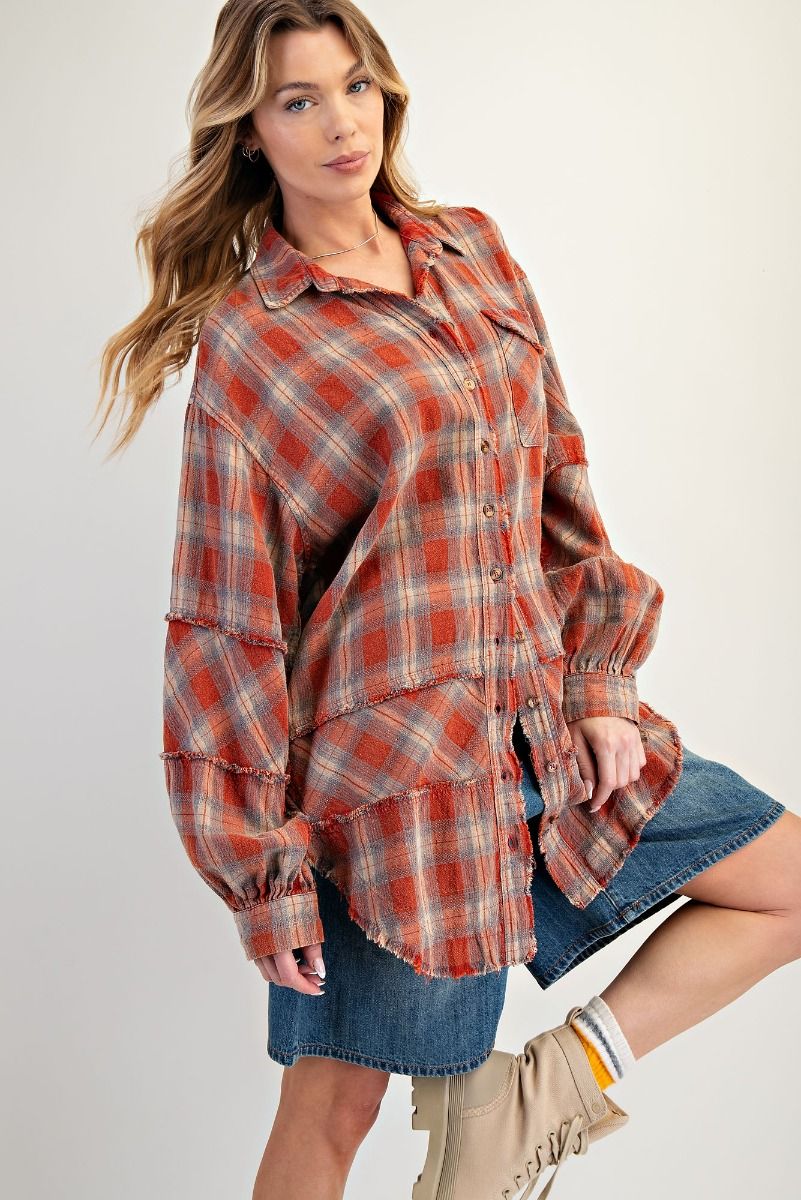 Rust Plaid Oversized Flannel Button-Up Shirt