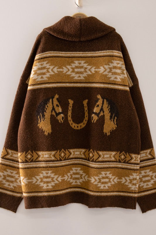 Wild Horses Southwestern cardigan by VERY J, cozy knit sweater with southwestern pattern, featuring earthy tones and intricate design.