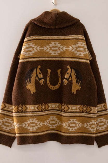 Wild Horses Southwestern cardigan by VERY J, cozy knit sweater with southwestern pattern, featuring earthy tones and intricate design.