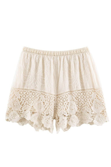 Close-up of Free Spirit Crochet Lace Shorts by Sunday Up, showcasing intricate lace details and lightweight fabric.