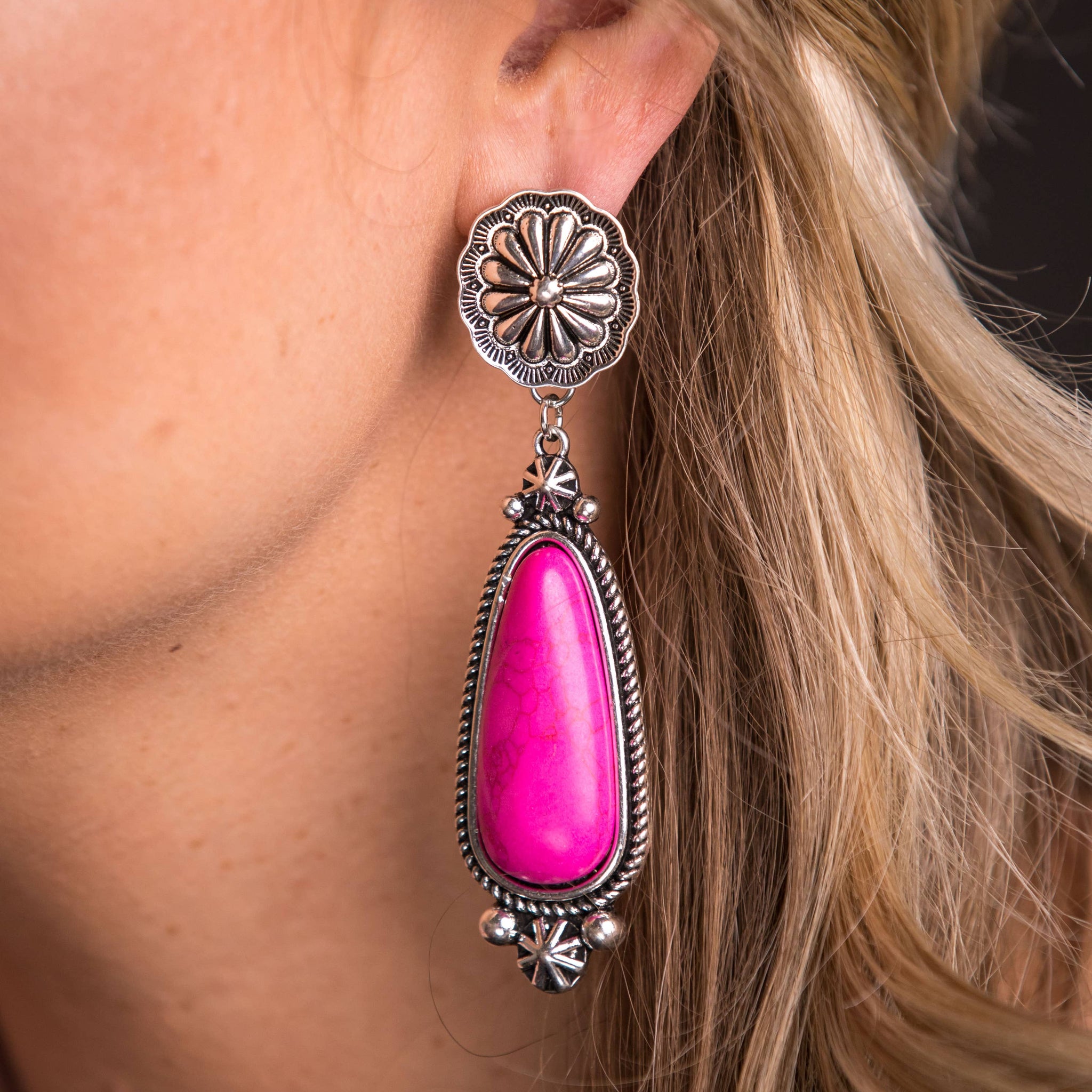 Pink Statement Earring on Silver Concho Post