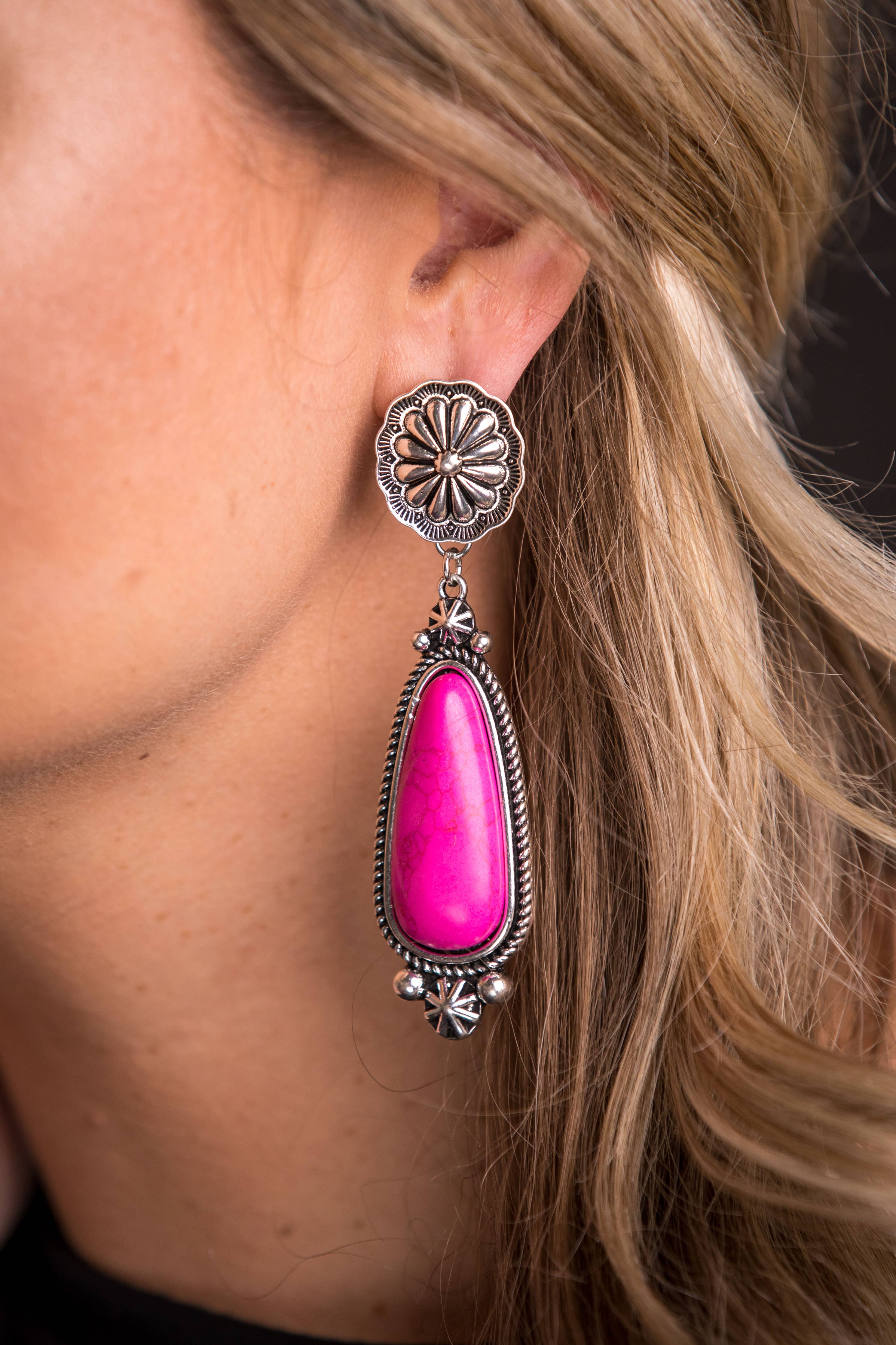 Pink Statement Earring on Silver Concho Post