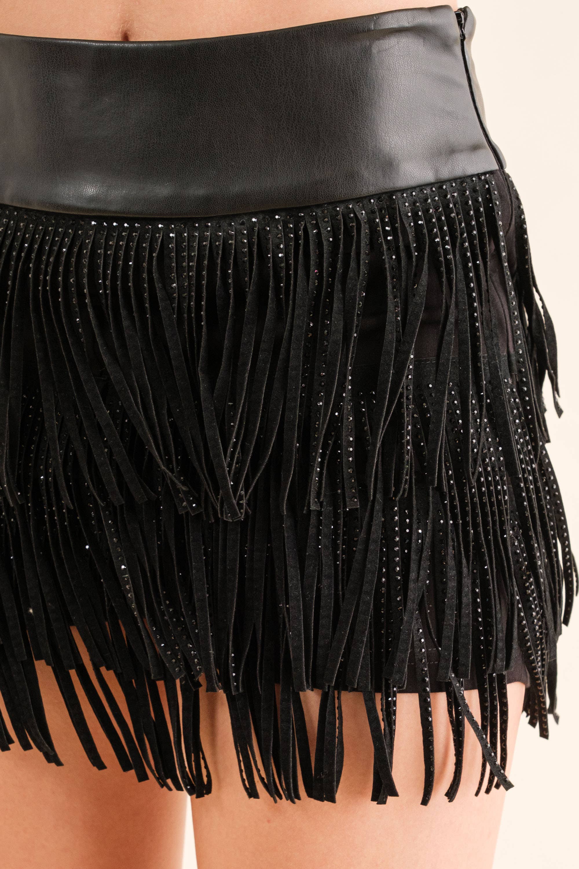 Wide Faux Leather Waist Tiered Fringe Studded Short