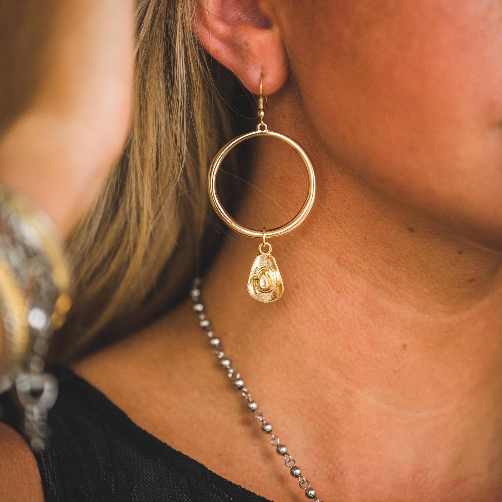 3" 18K Gold Plated Hoop Earring on Fishook with Cowboy Hat