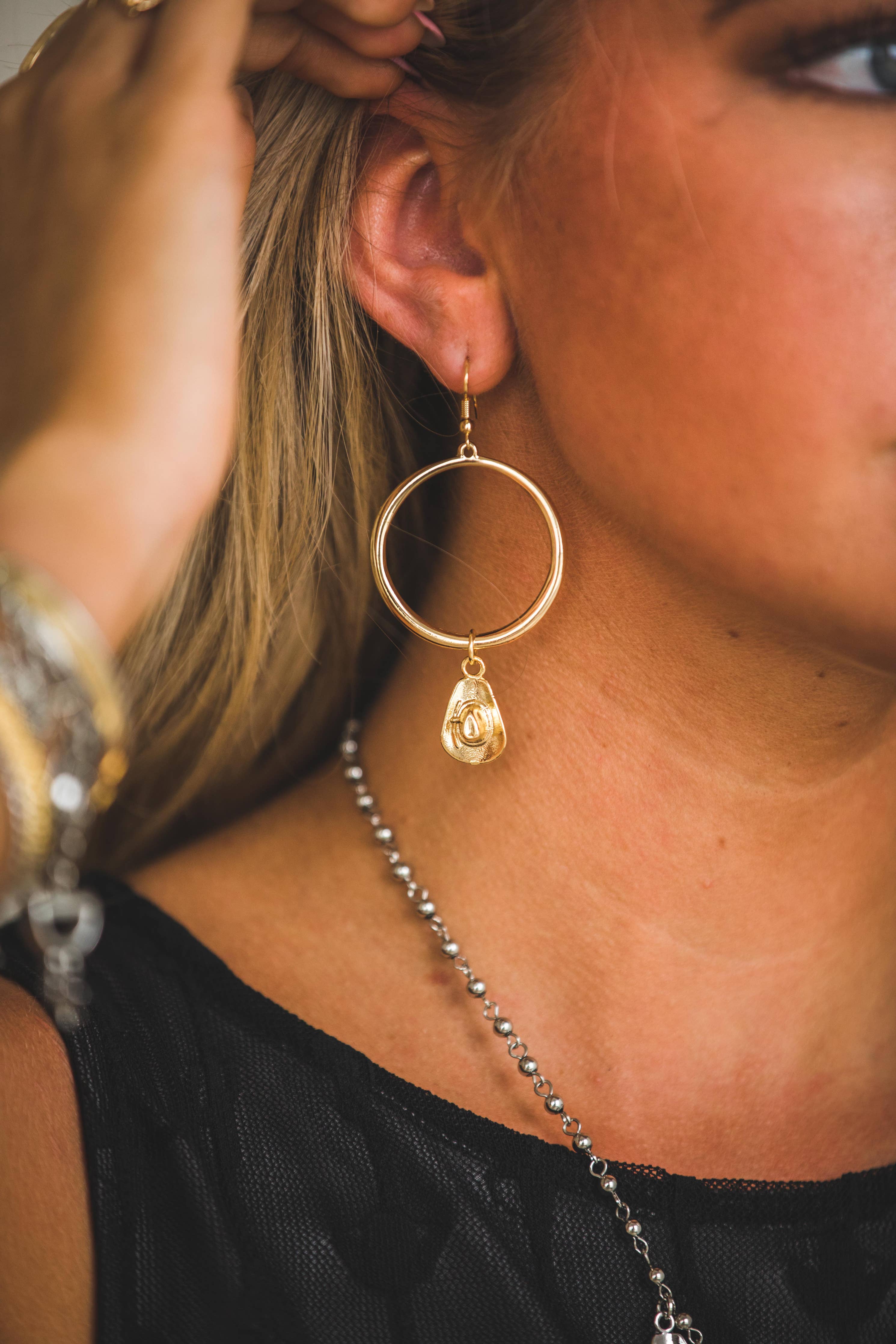 3" 18K Gold Plated Hoop Earring on Fishook with Cowboy Hat