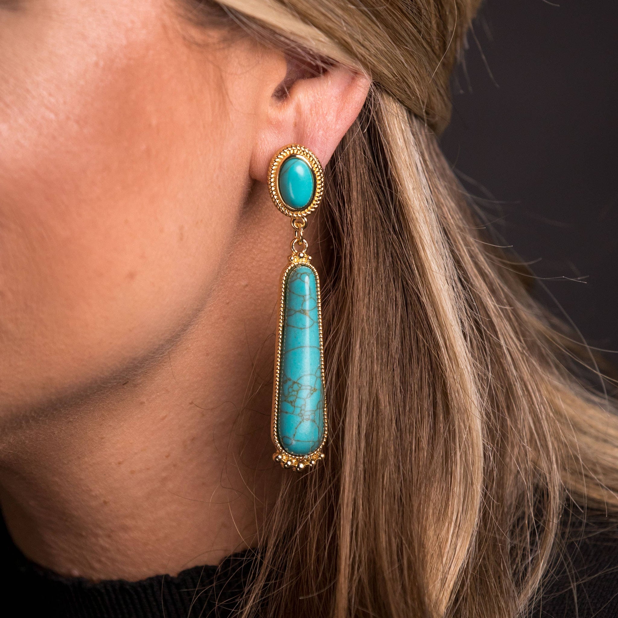 Turquoise Post Earring w/ Elongated Turquoise Stone & Gold