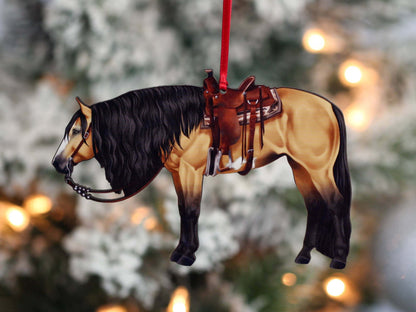 Buckskin Western horse ornament by Classy Equine featuring a paint horse design, perfect for Christmas decor.