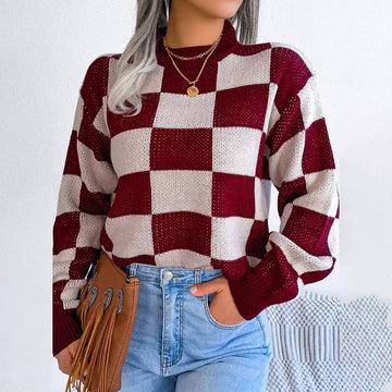 WOMEN PATCHWORK PATTERN LOOSE FIT KNITTED SWEATER