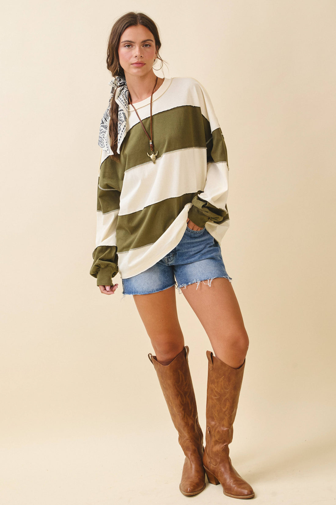 Contrast Panel Long Sleeve Slouchy Top