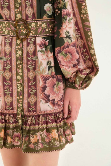 Sunday Up Olive Garden vintage floral belted mini dress with fall-inspired fall floral pattern and cowgirl charm details.
