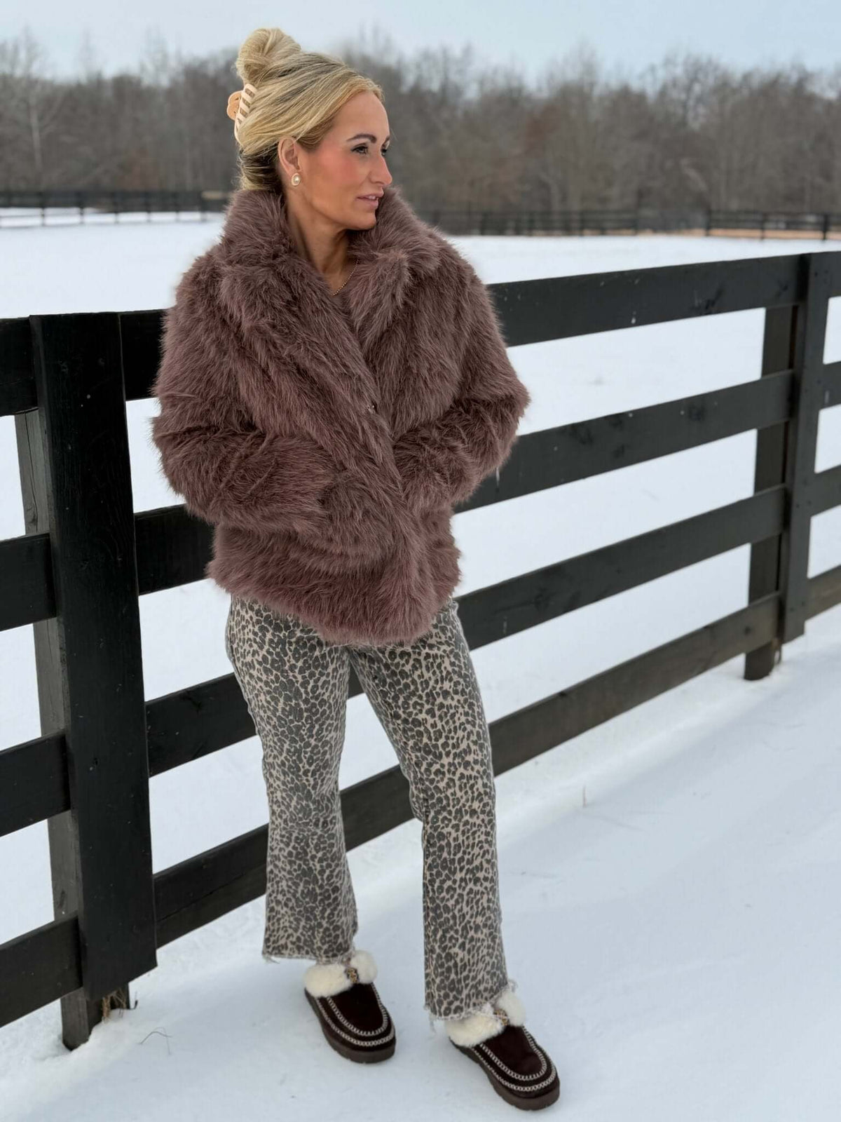 Blue B faux fur coat, stylish outerwear jacket with plush fur texture, perfect for cold weather fashion.